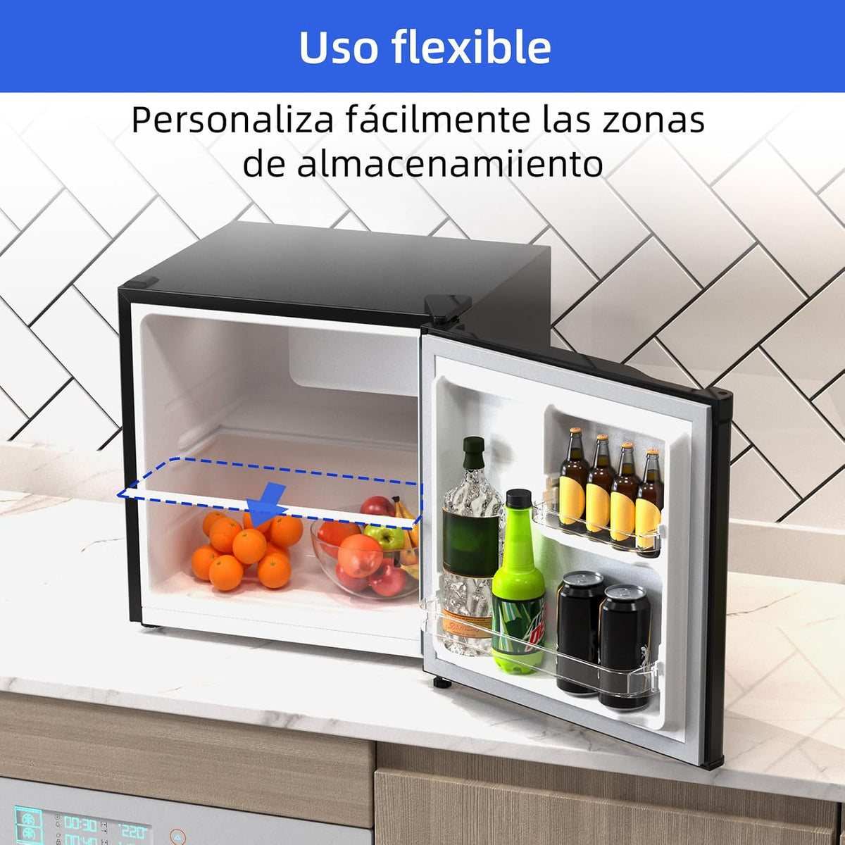 CHIQ Frigorífico Minibar capacidad 46L, Compresor incorporada, Botellero y Compartimiento Congelador, Control de Temperatura regulable, Bajo Nivel de