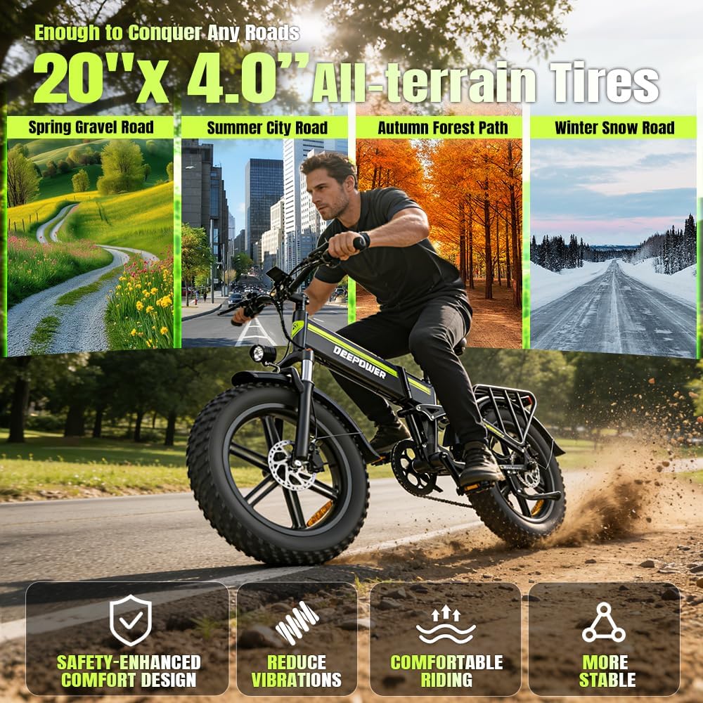 Bicicleta eléctrica plegable, batería extraíble 48 V 25 Ah, autonomía 110 KM, bicicleta eléctrica con neumáticos grasos 20" x 4, suspensión completa,