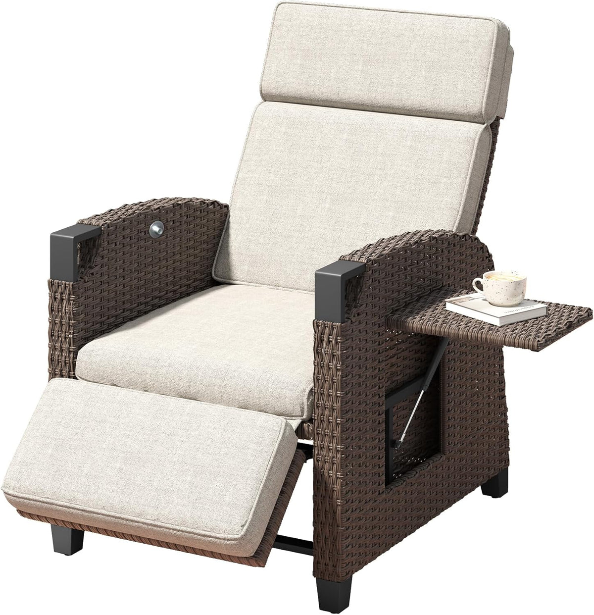 Amopatio Relaxliege Liegesessel, Rattan Sonnenliege mit Verstellbar Rückenlehne und Klapptisch, Outdoor Gartensessel wetterfestes, für Terrasse,